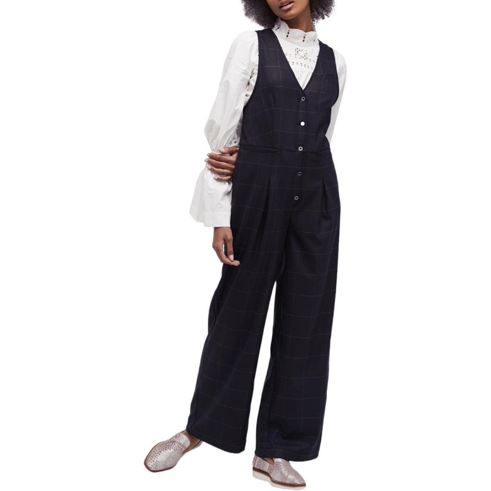 Free People Wide Leg Button Up Navy Jumpsuit